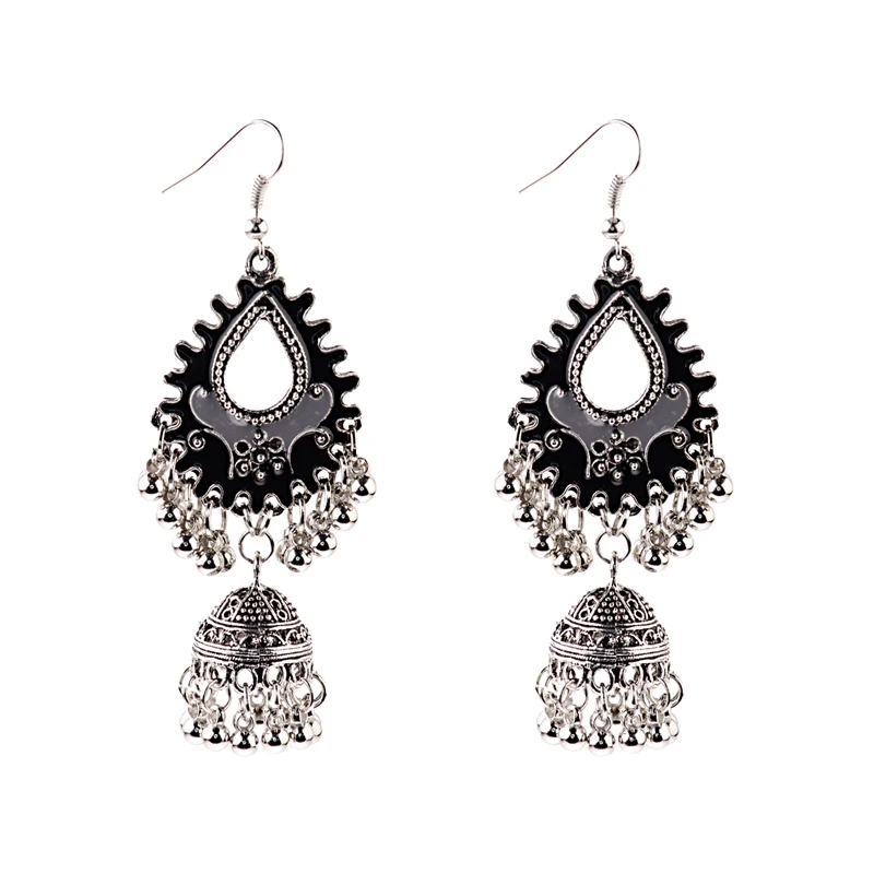 HXE075-1 TopHanqi индийские цыганские украшения Jhumka, серебряные, Boho, винтажные Этнические женские серьги, полые Висячие серьги для женщин - Окраска металла: HXE075-1
