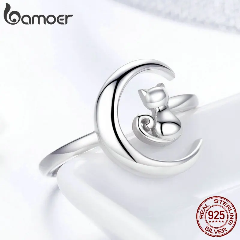BAMOER, подлинные 925 пробы, серебряная луна, кошка, открытый размер, регулируемые кольца на палец для женщин, свадебные, обручальные ювелирные изделия SCR451