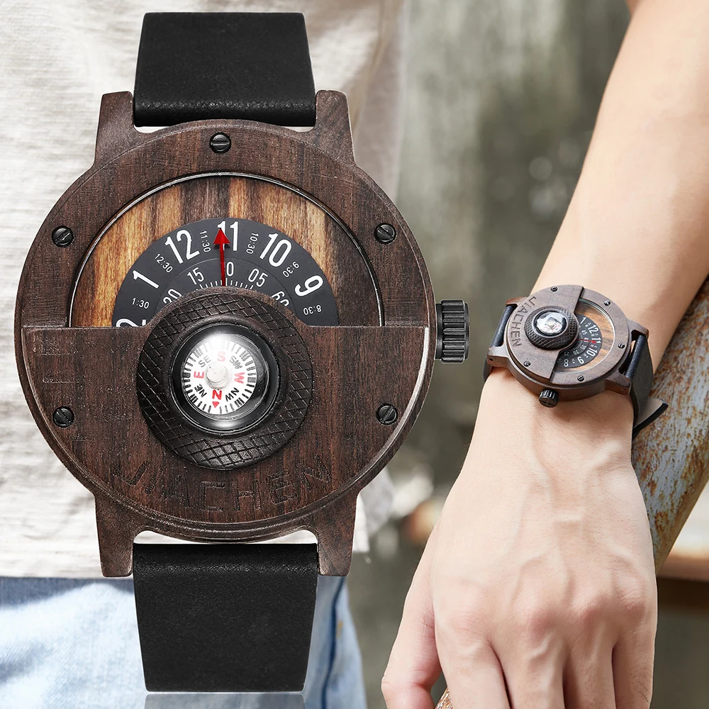 

Creative Mens Walnut Wood Watch Male Wooden Leather Real Natural Rosewood Men Wrist Watch Men's Compass Turntable Wristwatch