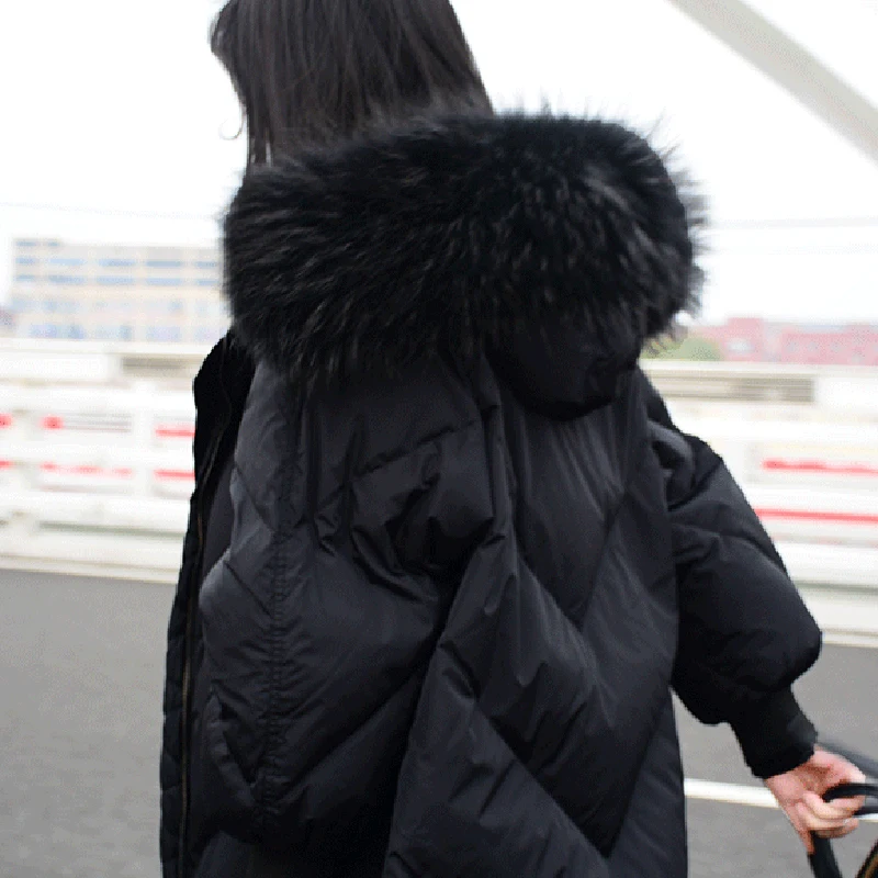 90% белый пуховик женский зимний новый черный кокон длинный меховой воротник
