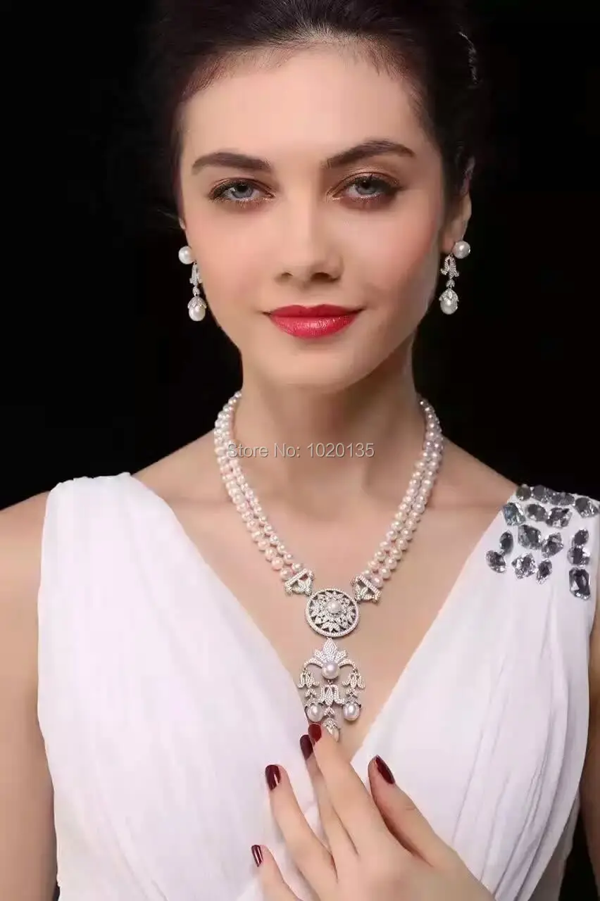 Один набор 2 ряда Пресноводный Жемчуг возле круглых колец и серег изумительный