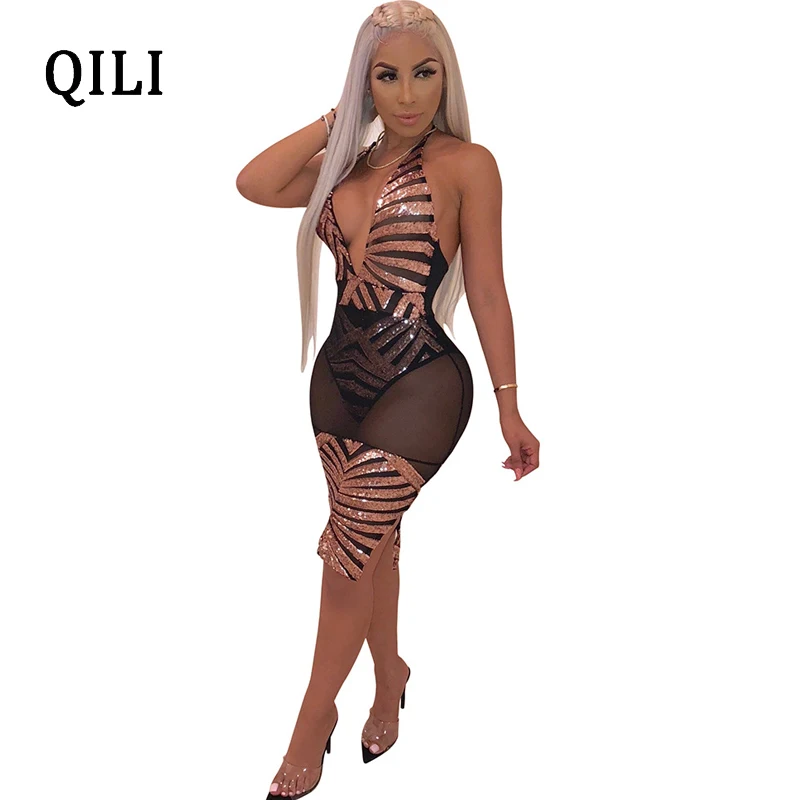 

QILI Nightclub Sexy Dress Women V-Neck Halter Sequin Mesh Split Dresses See Through Voile Sexy Party Club Dress Female