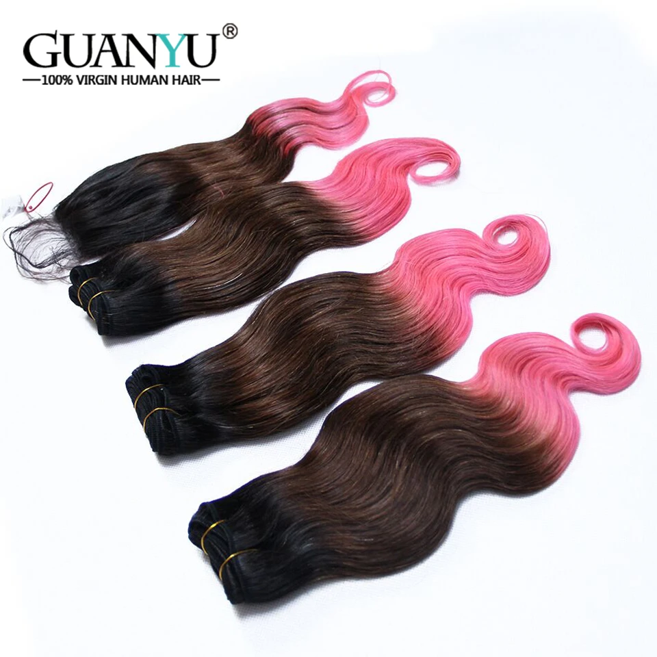 Guanyuhair 1B/4/4 розовый три тона Омбре 3 пучка с закрыванием 4*4 перуанские Remy