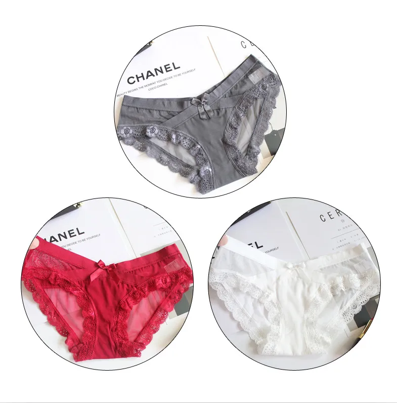 Gray red white TERMEZY, 3 шт., новинка, сексуальные женские трусы с кружевным краем, нижнее белье из хлопка с низкой талией, дышащее модное нижнее белье, шесть цветов - Цвет: Gray red white