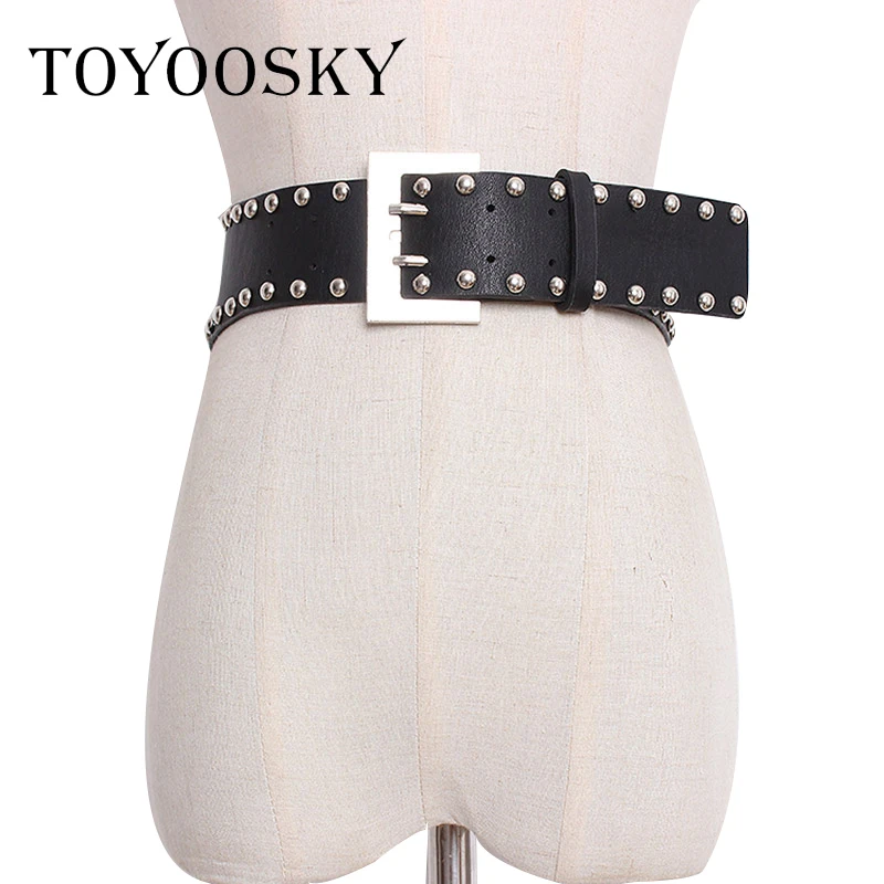 

TOYOOSKY 2019 Spring Fashion Women Belts with Rivet Decoration Design Double Pin Square Buckle Wide Waist Belt For Lady of Night