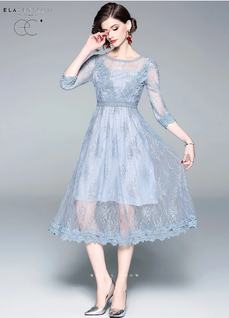 ElaCentelha Women Office Lady Dress Half Sleeve Mid-Calf Length O-Neck Collar Summer Women's A-Line Patchwork Lace New | Женская