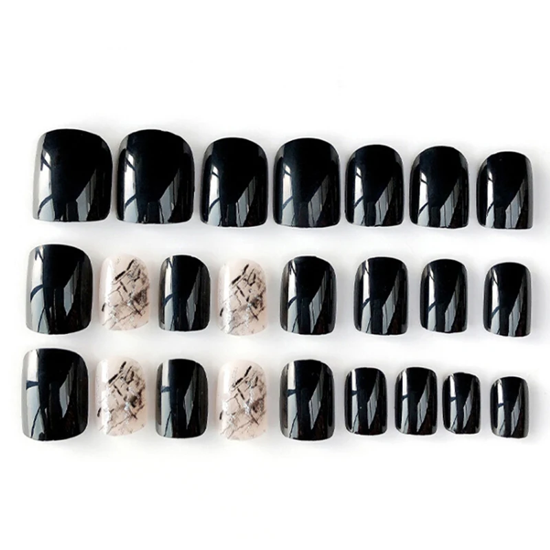 24 PCS Press on nails Full Nail Tips Black Smooth False Nails Long Square Designed with Glue Sticker for Ladies | Красота и здоровье