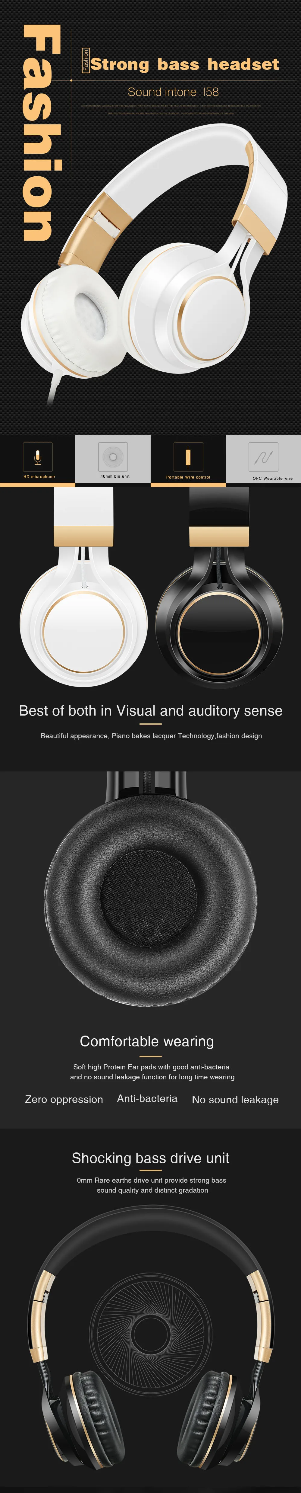 Sound Intone I58 проводные наушники с микрофоном наушники для телефонов складные гарнитуры с сильным басом AUX кабель для компьютера