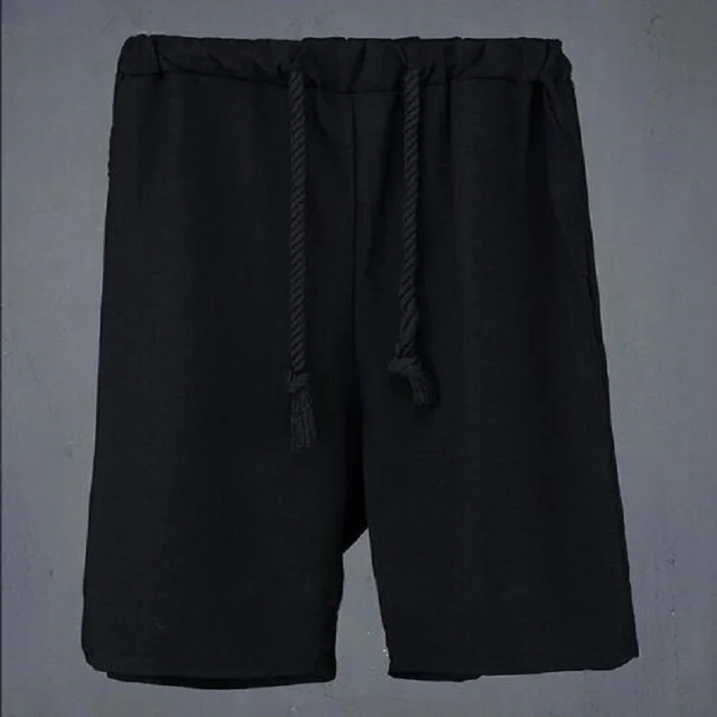 

HZIJUE 2017 Men casual shorts street fashion hiphop punk shorts rope belt male linen beach harem shorts stage clothing black