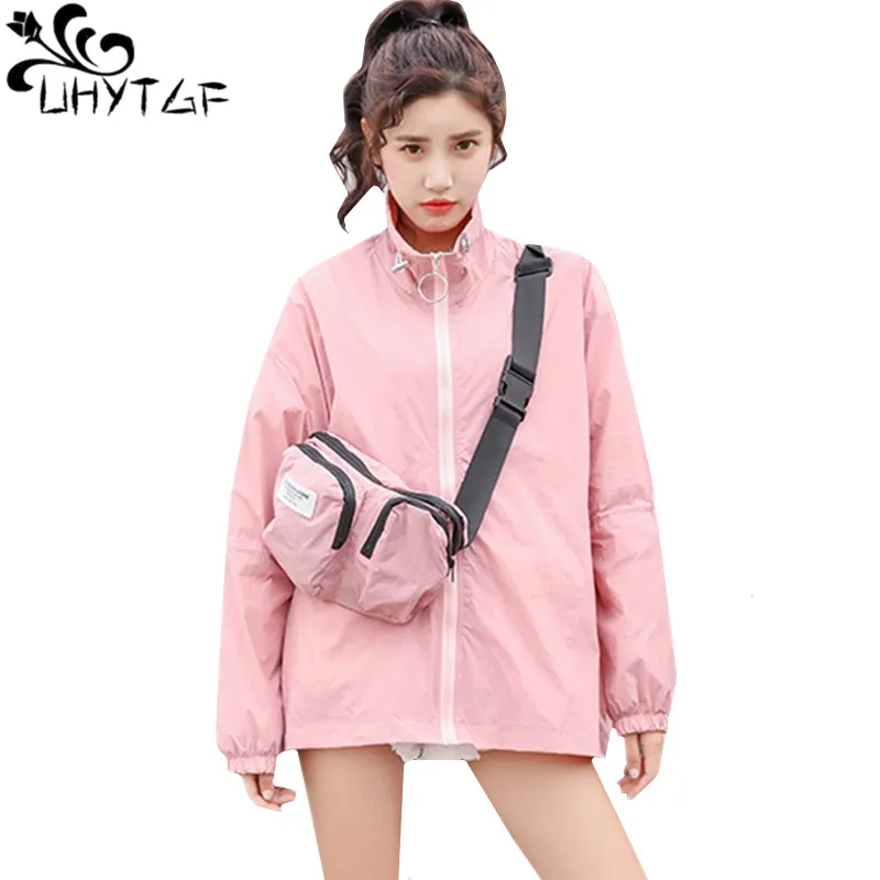 

UHYTGF Oversized sun protection clothing elegant women's thin summer coat Loose Breathable Casual student Plus size jacket 554