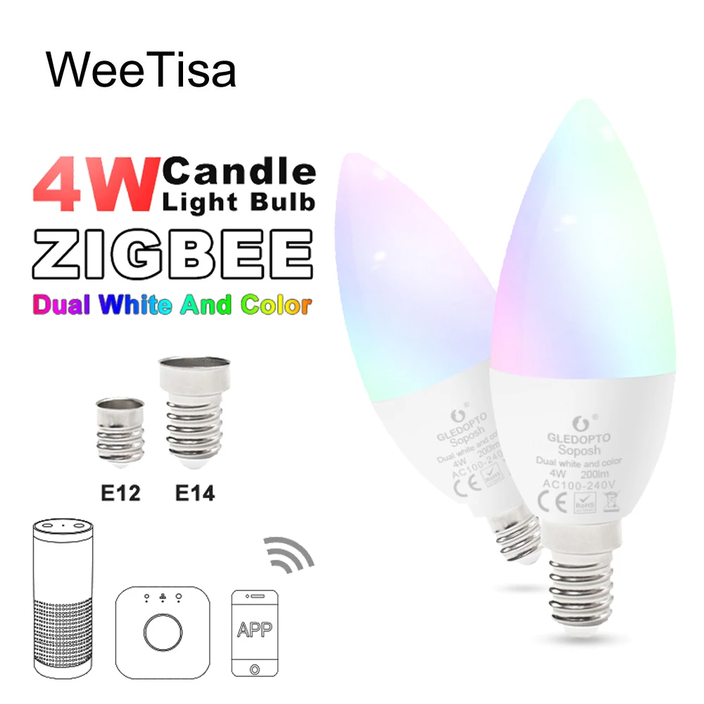 

ZIGBEE LED Bulb E14 E12 4W RGBCCT Candle Light ZLL Smart APP Control Link AC 110V 220V 230V LED Lamp Work with Amazon Echo Plus