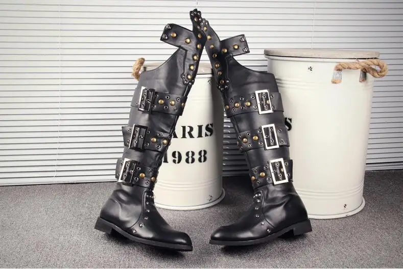 Knee High Boots Shoes Men Buckle Strap Rivets Punk Top Casual Martin Roman Flats Cut-Outs In elevator shoes | Обувь