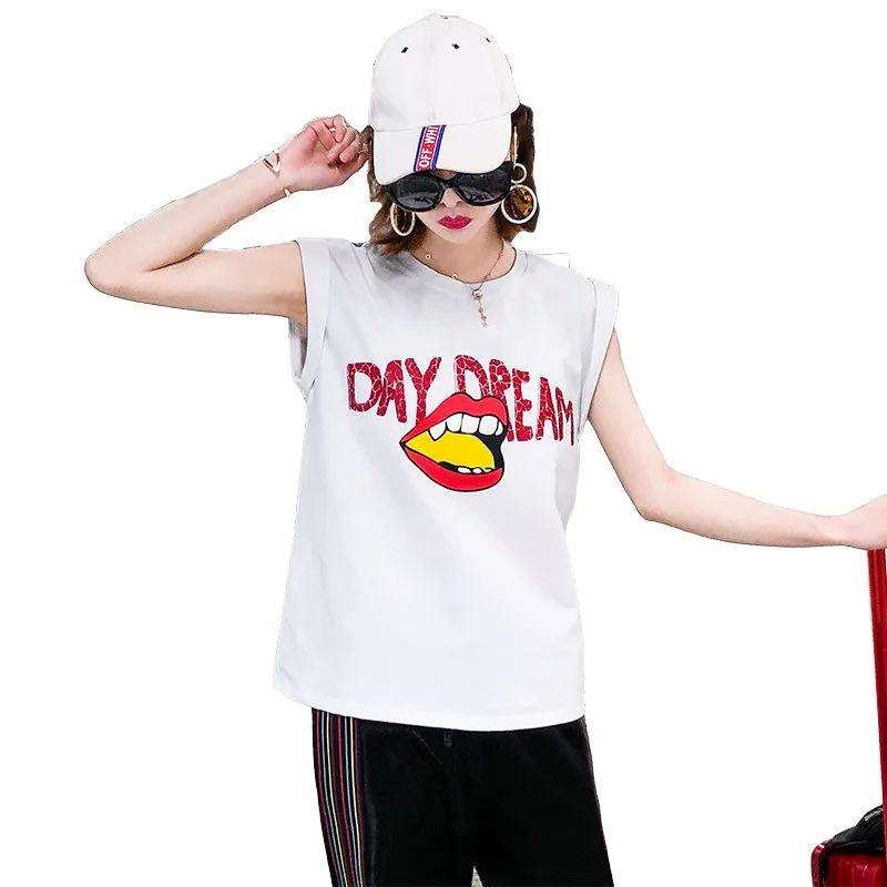 

Hiawatha White Sleeveless T-Shirt Women Letters Printed Design Tops Tees Summer Korean Loose T Shirts TX016
