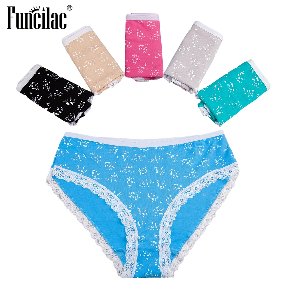 FUNCILAC женское нижнее белье размера плюс, кружевные сексуальные трусы для девочек, хлопковые трусы с принтом для женщин, модные женские трусы, 5 шт./лот