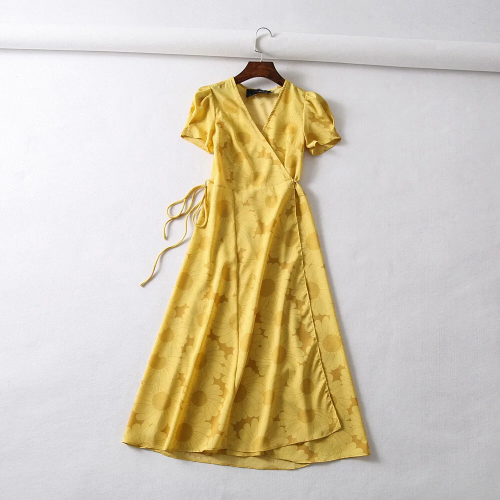 Лето boho Винтаж цветок dot print wrap dress Женщины с коротким рукавом шифоновое пляжное