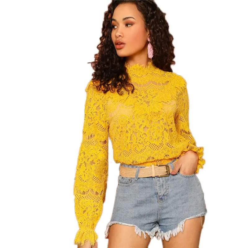 SHEIN Кружевной Топ С Оригинальным Рукавом Женская Элегантная Блузка С Длинным Рукавом
