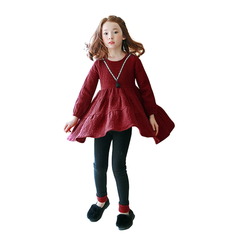 

VYU Child girl Long Sleeve A Line Embroidery Pattern Cotton Short Dress Autumn Tassel Loose Dress for 4-14T Big Girl Clothes