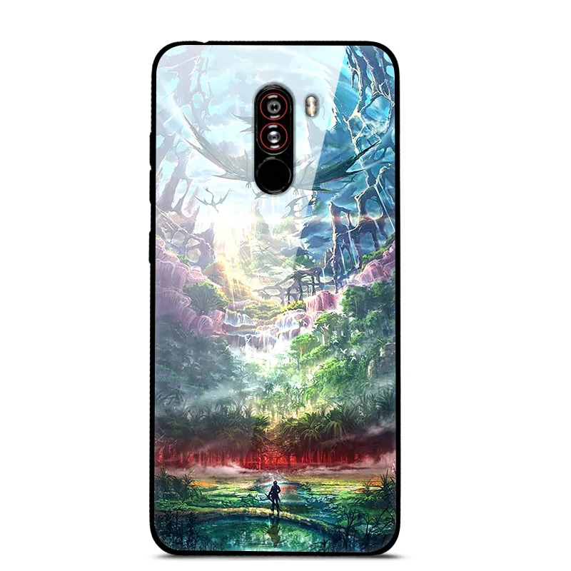 Флуоресцентный желтый Чехол для Xiaomi Pocophone F1, закаленное жесткое заднее стекло, чехол для Xiaomi Poco F1, силиконовый мягкий бампер, чехол с принтом - Цвет: Флуоресцентный желтый