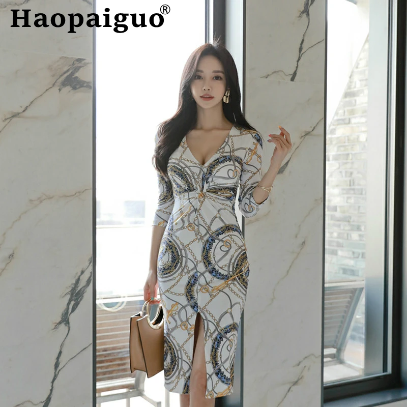 Женское облегающее платье большого размера с принтом летнее разрезом три