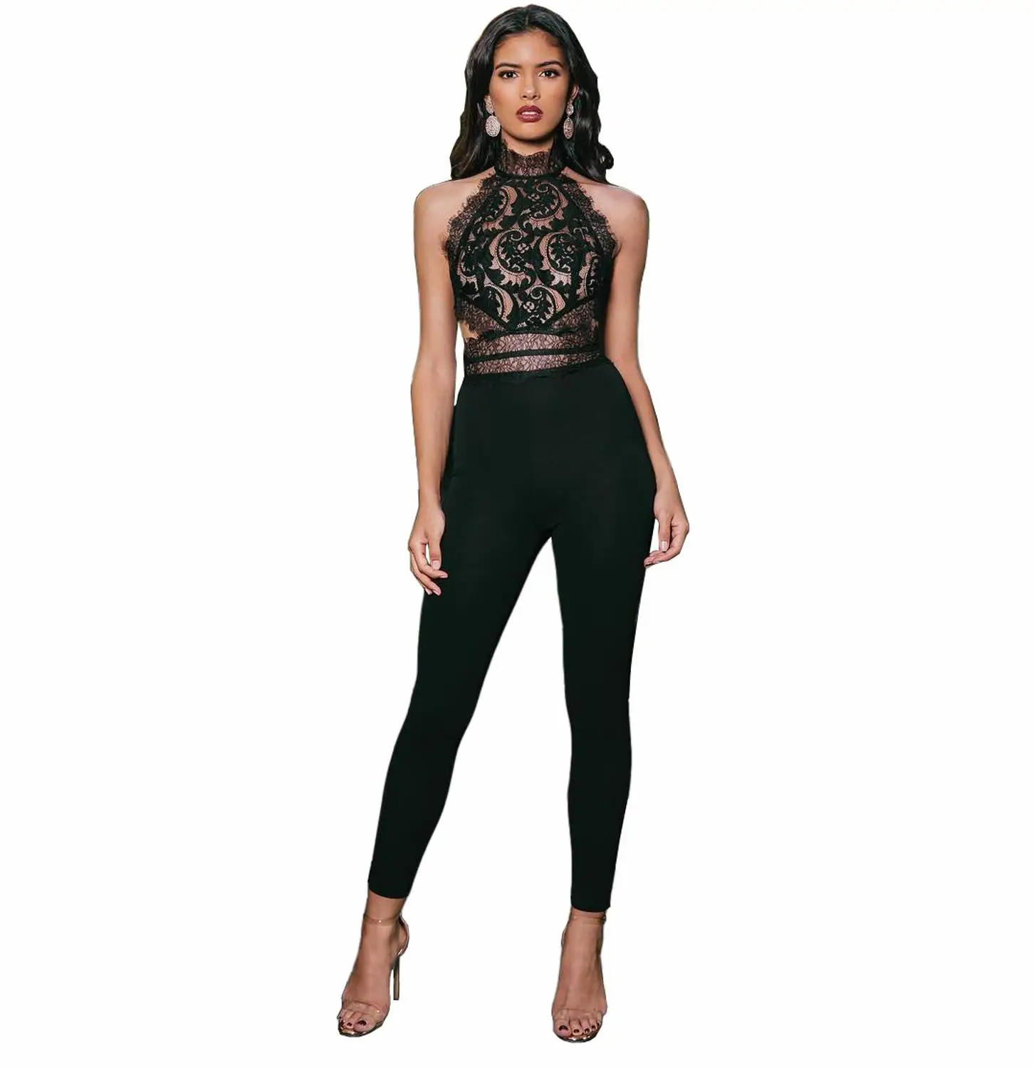 black jumpsuit Adogirl сексуальный кружевной лоскутный комбинезон с открытой спиной Женский Повседневный Облегающий комбинезон без рукавов с круглым вырезом элегантные вечерние облегающие комбинезоны - Цвет: black jumpsuit