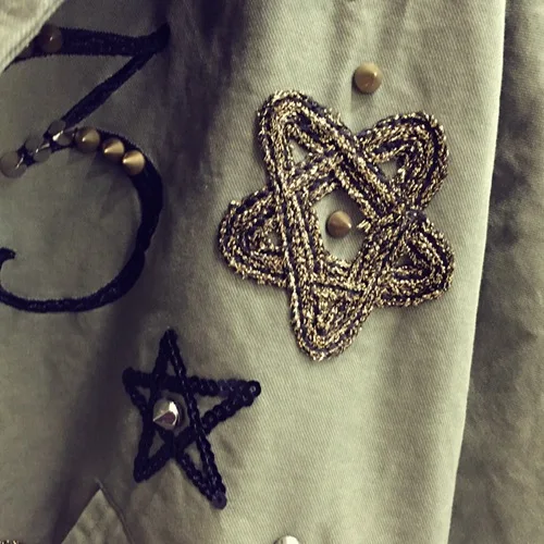 Women Cotton Jacket Coat Fashion Women Bomber jacket Embroidery Applique Rivets Oversize Women Coat Army Green Cotton Coat