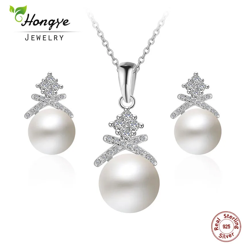 

Hongye Hot Selling 925 Sterling Silver White Natural Freshwater Pearls Pendant Necklace & Earrings Cheap Jewelry for Women Gifts