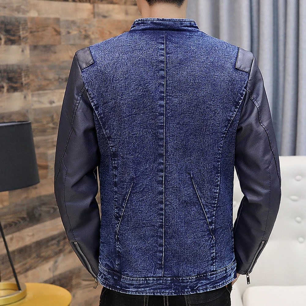 

Nice Top Quality Boutique Jeans PU Leather Patchwork Jacket Men Slim Fit Male Autumn Winter Leather Jacket Casual Denim Coats