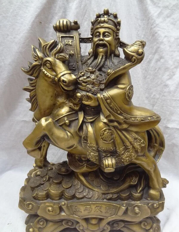 

xd 001611 19" Chinese Bronze FengShui YuanBao Wealth RuYi Mammon God Statue Ride Horse