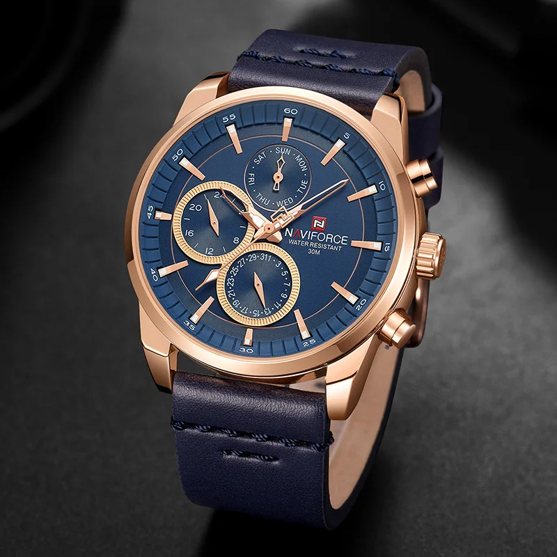 NAVIFORCE Men's Watches Luxury Quartz Multifunction Wrist Watches Male Waterproof Leather Strap Fash