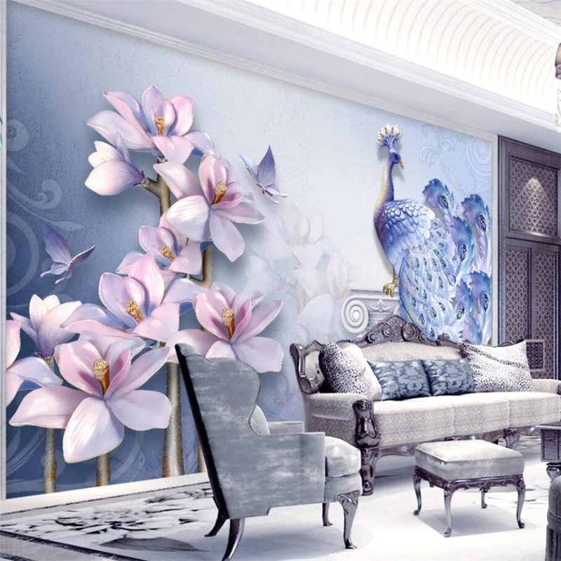 

beibehang Fresh 3D embossed Peacock Magnolia TV background wall decoration painting custom large mural green wallpaper