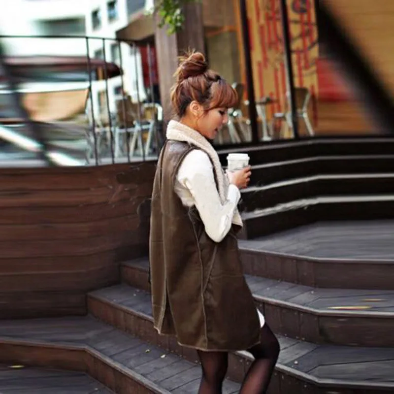 Vest 2017 Chalecos Mujer New Autumn Winter Women Sleeveless Cardigan Waistcoat Faux Fur Pu Baggy Outerwear Long Gilet Femme | Женская
