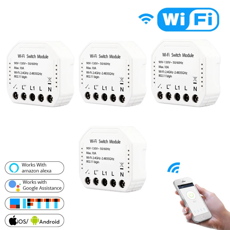 4 PCS Wifi умный светильник-переключатель Diy выключатель модуль Smart Life/приложение Tuya дистанционное управление, работает с Alexa Echo Google Home 1/2 способ - Цвет: 4 PCS