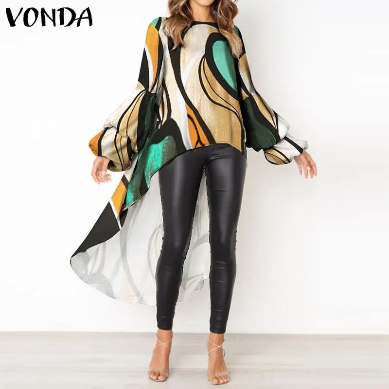 VONDA, женская блузка, рубашка,, осенняя, сексуальная, для беременных, винтажная, с неровным подолом, с длинным рукавом, с принтом, для беременных, топы, Blusas Femininas 5XL