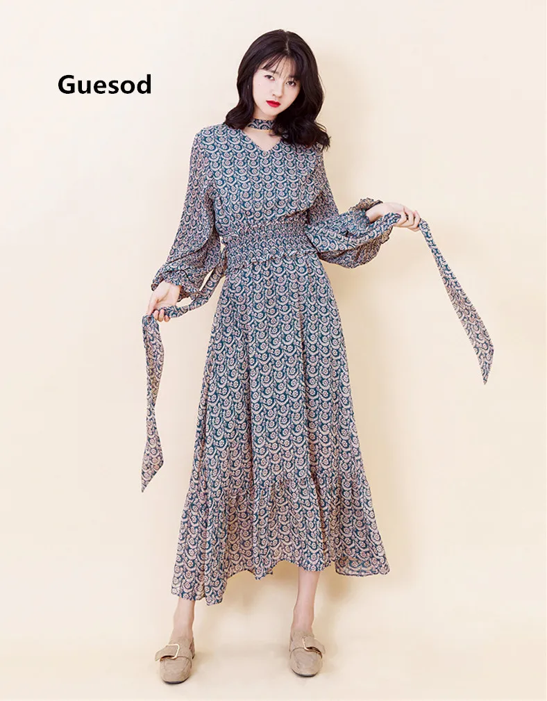 

Шифоновое женское платье Guesod 2017, шифоновое платье с принтом, длинным рукавом-бабочкой и складками, длинное платье