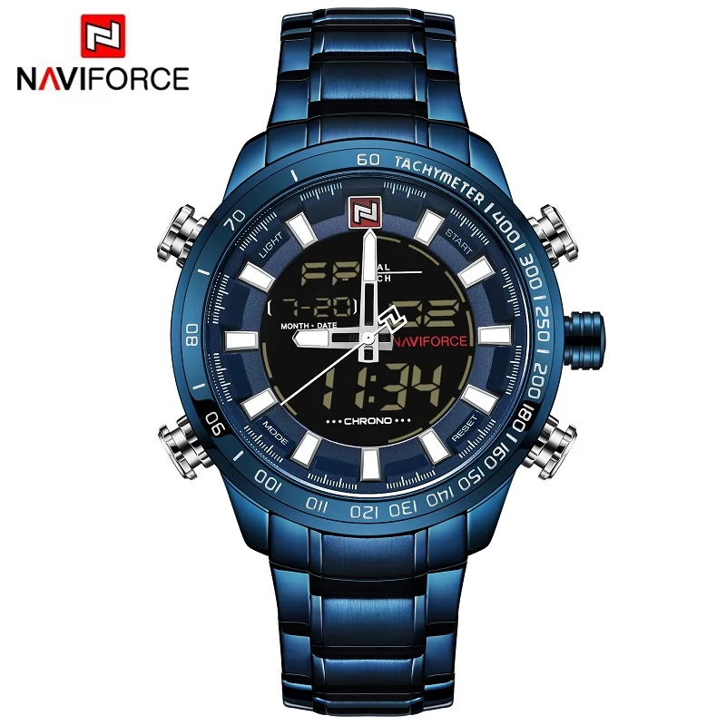 Blue NAVIFORCE часы мужские полностью Стальные кварцевые цифровые часы водонепроницаемые часы мужские модные синие часы Relogio Masculino дропшиппинг - Цвет: Blue