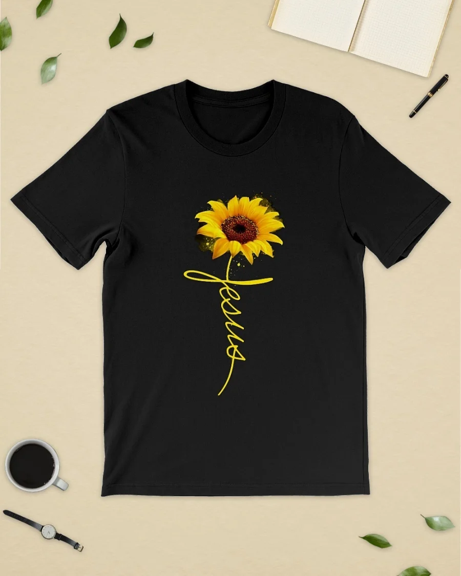 kuakuayu HJN Women Sunflower Jesus Christian T-Shirt Short Sleeves Summer Casual Black Tee Faith Shirt Gift | Женская одежда