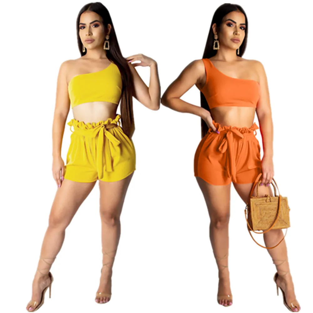 Женский укороченный топ на одно плечо и шорты с талией комплект из 2 предметов