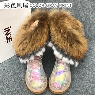 Color Print INOE зимняя обувь из овечьей кожи меховая подкладка из натуральной овчины с опушкой из лисьего и кроличьего меха модная женская зимняя обувь зимние сапоги Водонепроницаемые теплые сапоги на плоской нескользящей подошве - Цвет: Color Print