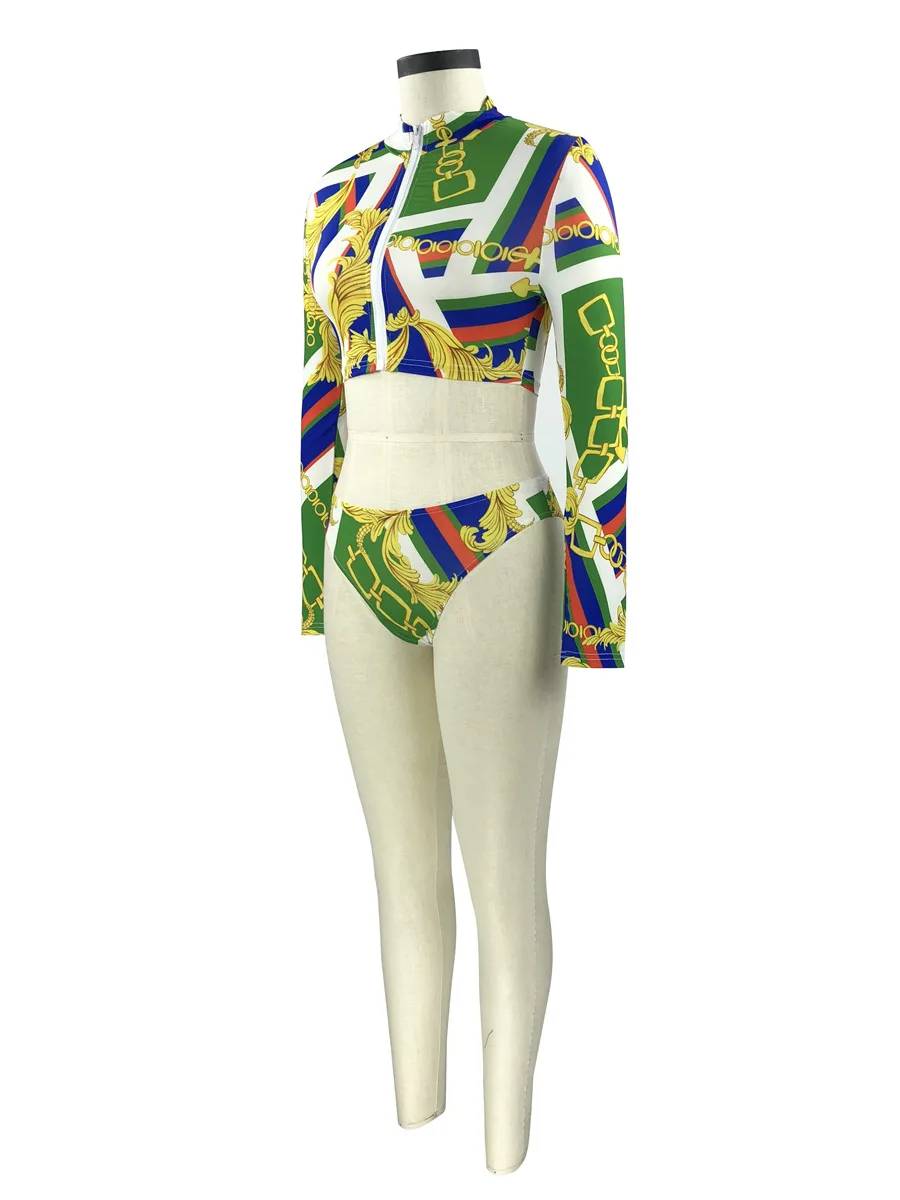 Европейские и американские популярные модели консервативного принтованного бикини, Женский раздельный купальник с длинным рукавом, купальник, 3 комплекта