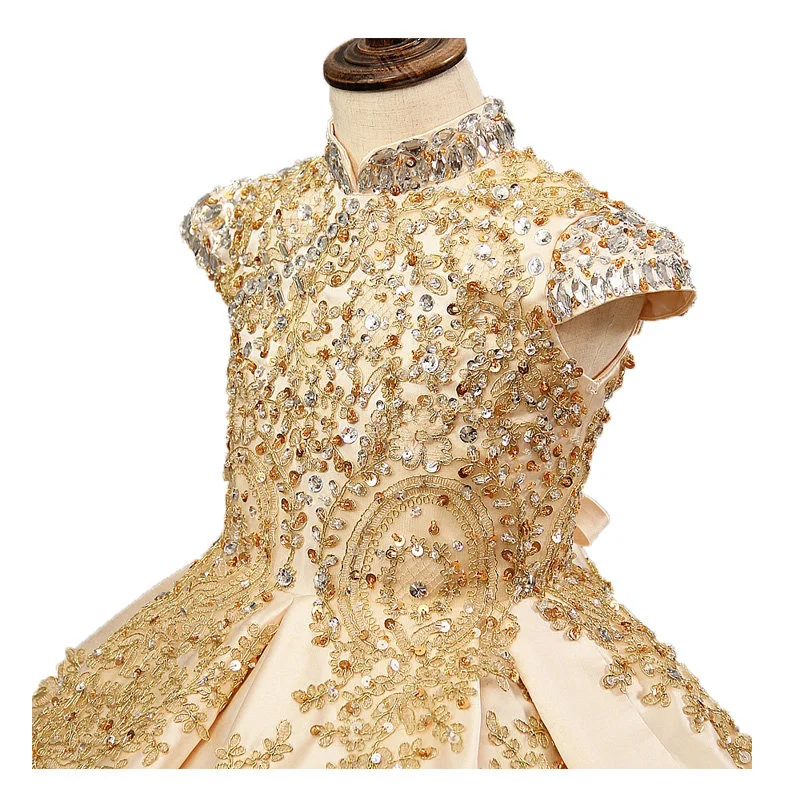Роскошное платье для девочки с цветами и бисером свадебные золотые блестящие