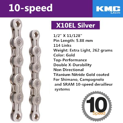 KMC X8 X9 X9sl X10 X10sl X11SL велосипедная цепь 9S 10S 11S золото для MTB/шоссейного велосипеда для Shimano/SRAM 8 9 10 11 скорость 116л/цепной велосипед - Цвет: X10EL silver