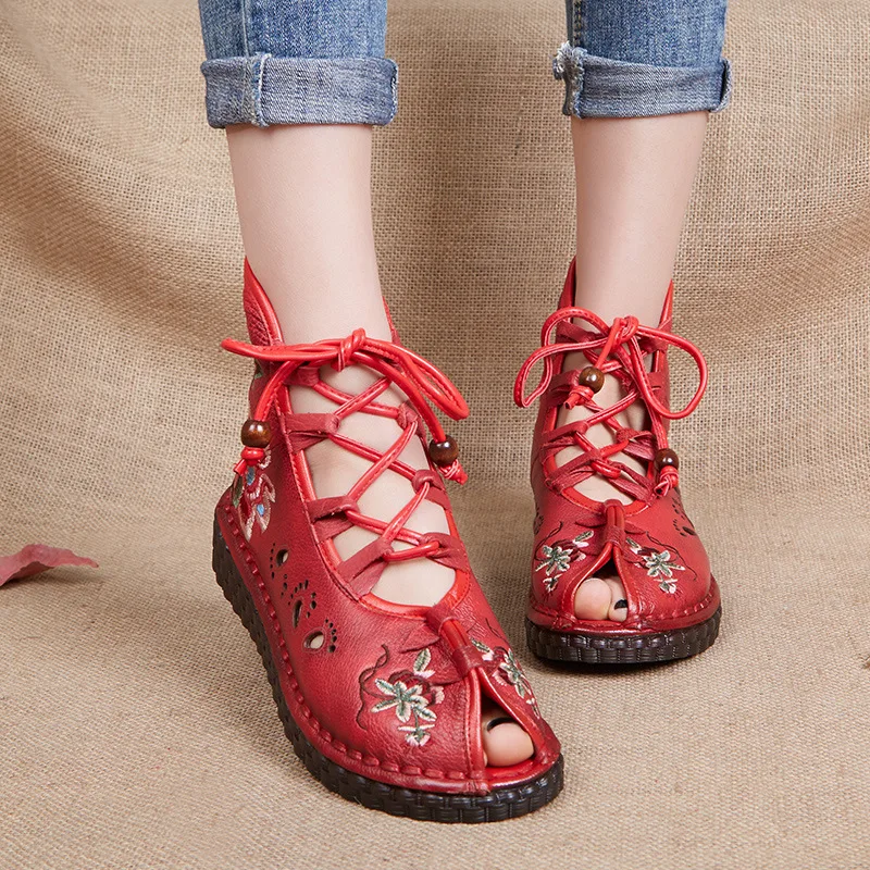 Johnature New Retro Genuine Leather Embroidery Floral Hollow Lace-up Cover Heel Casual Open Toe Shoes Women Flat Sandals