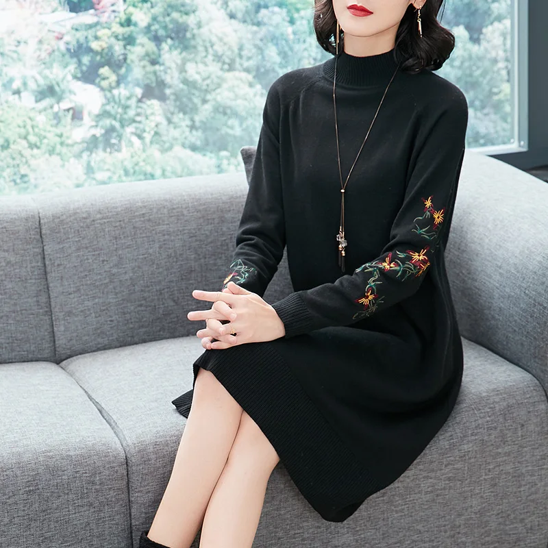Autumn Winter women's turtleneck embroidery long sweater dress elegant ladies floral knit | Женская одежда