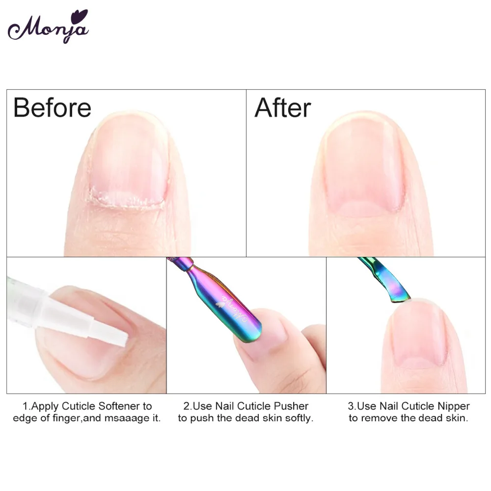 Monja 2 Ways Nail Art Chameleon Stainless Steel Plating Dirt Dust Remove Cleaning Curved Cuticle Pusher Spoon Manicure Tool