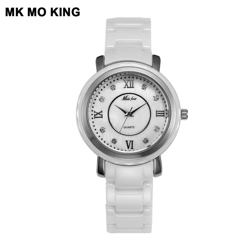 White silver Роскошные Брендовые женские розовые, черные, белые кварцевые керамические часы, модные женские Стразы, водонепроницаемые часы-браслет, montre femme - Цвет: White silver