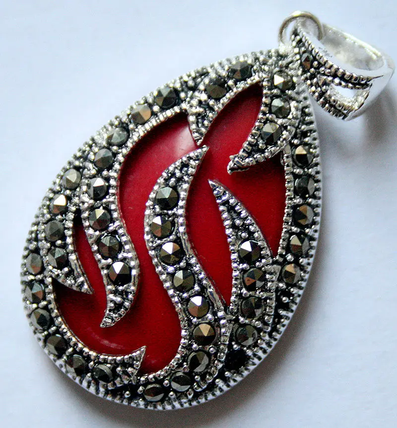 

VINTAGE 925 STERLING SILVER INLAY IMITATION RED CORAL MARCASITE PENDANT 30x20MM