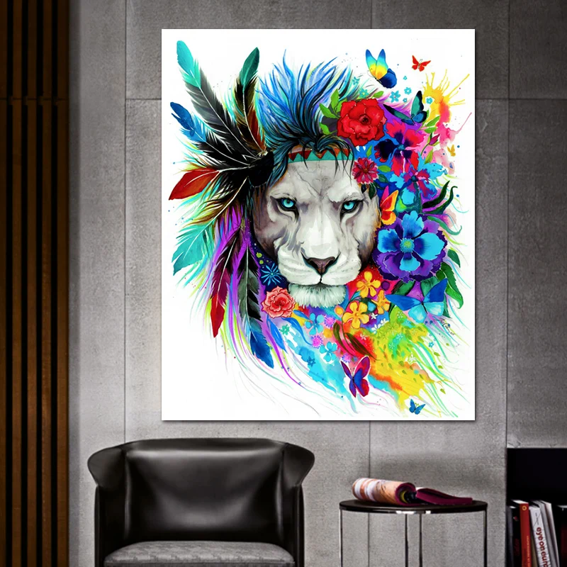 Картина на холсте акварелью принт с животными плакат со львом картины для