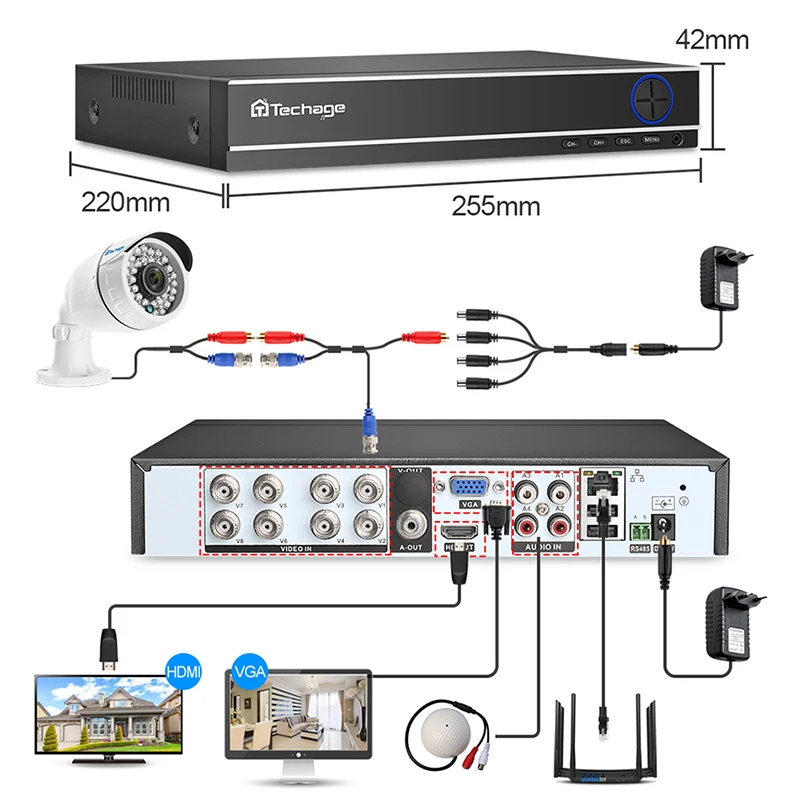 Techage 8CH 1080P цифровой видеорегистратор HD CCTV безопасности Системы 8 шт. 2MP инфракрасный наружный водонепроницаемый AHD Камера P2P видео набор для наблюдения 2 ТБ HDD