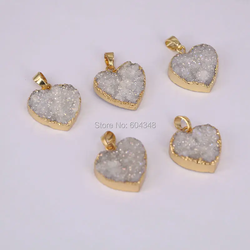5pcs Charm Quartz Pendant Heart Gold color White AB Crystal Drusy Gem stone For Jewelry Making | Украшения и аксессуары