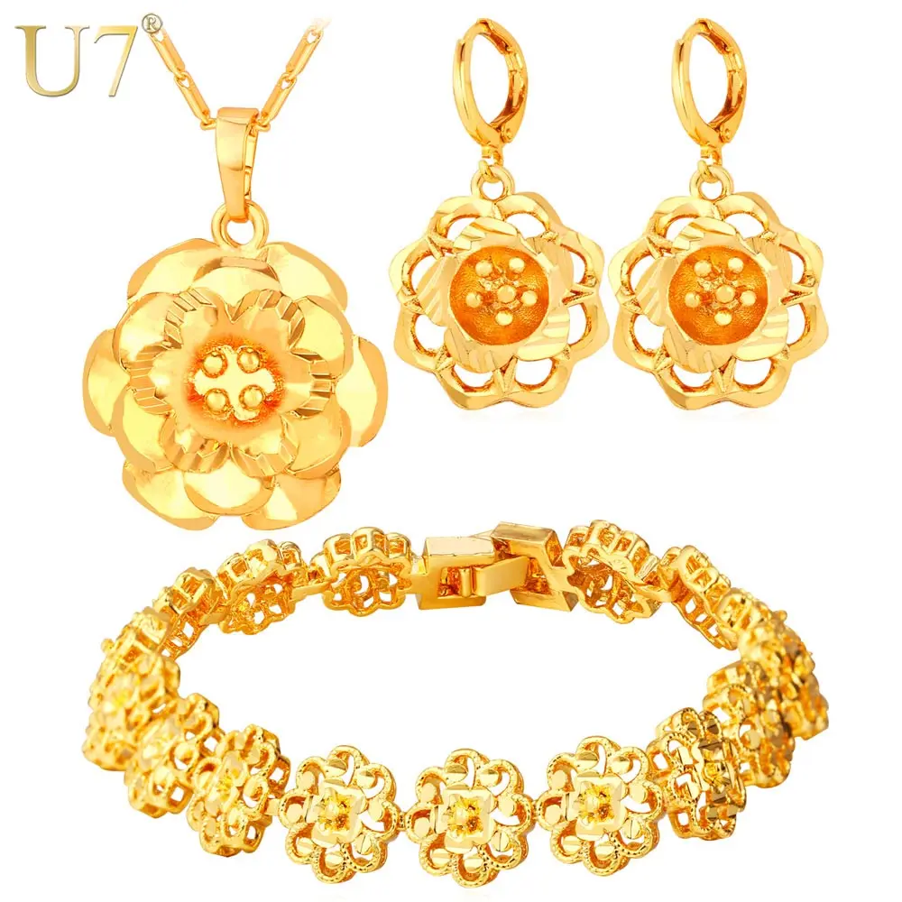 U7 Золотой/Серебряный Цвет Винтаж Цветок Ожерелье Серьги Браслет Комплект